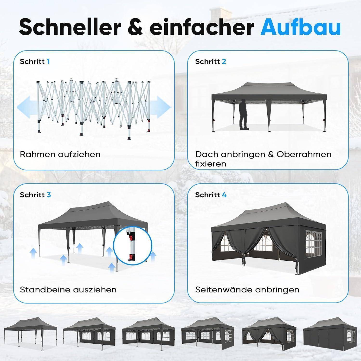 Quictent Faltpavillon 3x6m wasserdicht | Partyzelt, Pop-Up Pavillon, Gartenpavillon, stabil, mit Seitenwänden, UV-Schutz 50+, Tragetasche inkl