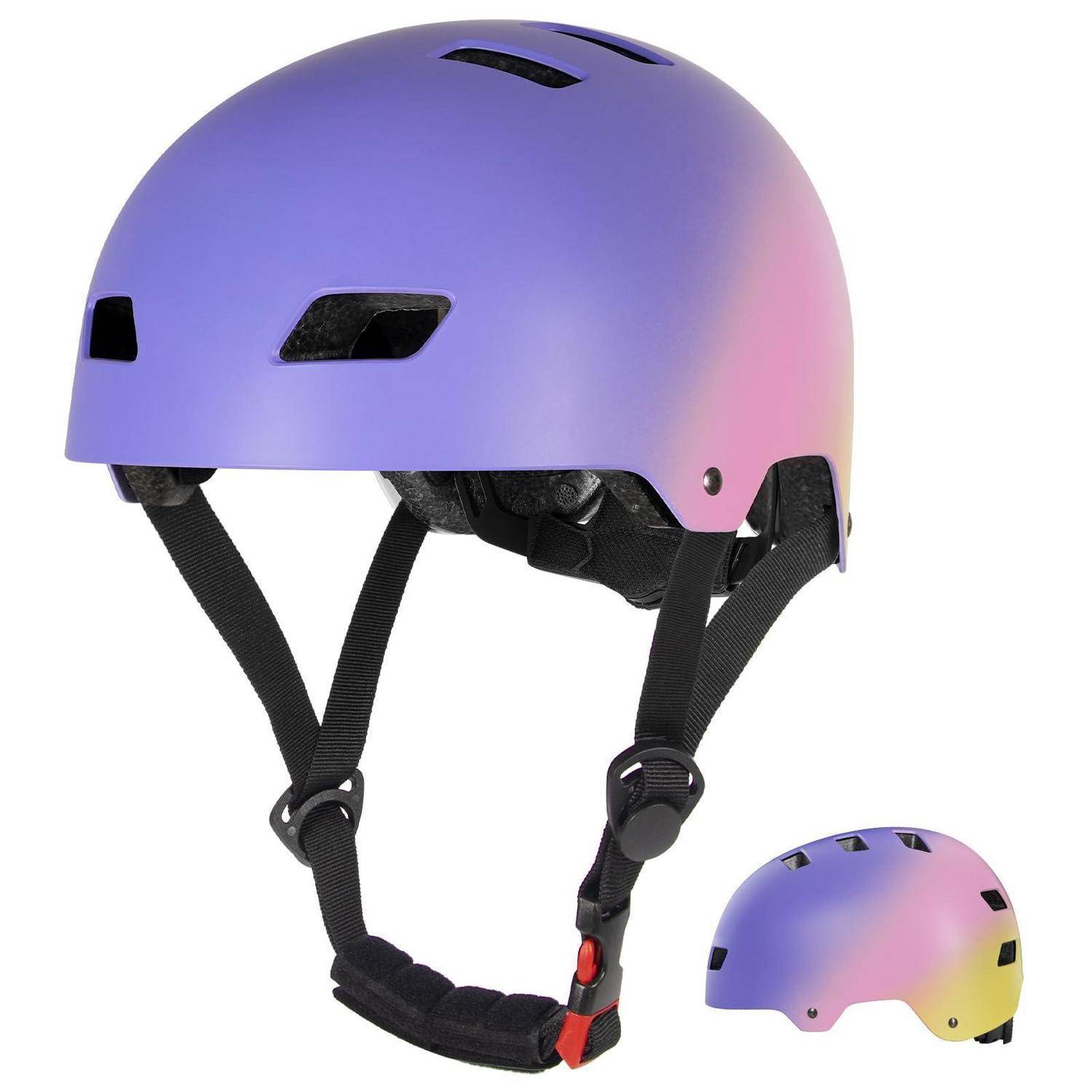 Violetter Gradient-Fahrradhelm mit verstellbaren Kinnriemen, dargestellt in Front- und Seitenansicht auf weißem Hintergrund.