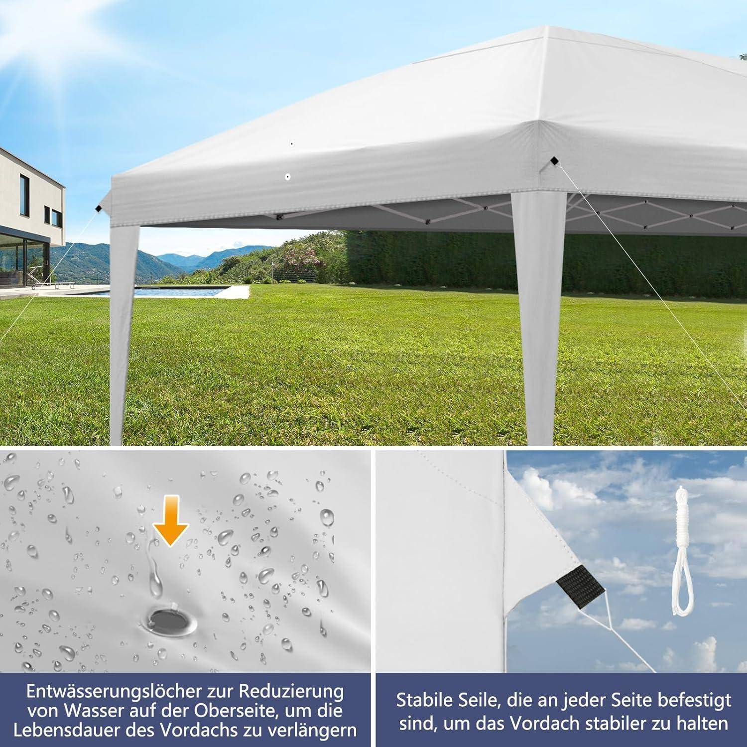 Weißes Baldachindach auf einem grünen Rasen; eingefügte Nahaufnahmen zeigen Ablöcher, die Wasseransammlung reduzieren, und Seitenleinen, die den Rahmen sichern.