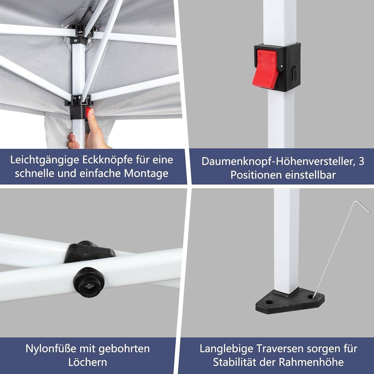 Collage eines faltbaren Baldachindachrahmens mit Eckknöpfen, einstellbaren Höheneinstellungen mit Daumenschaltfläche, Nylonfüßen mit gebohrten Löchern und stabilen Basisstützen.