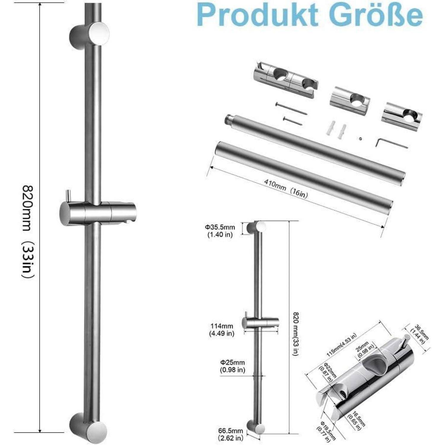 Größendiagramm eines Duschstangensatzes mit der Bezeichnung „Produkt Größe