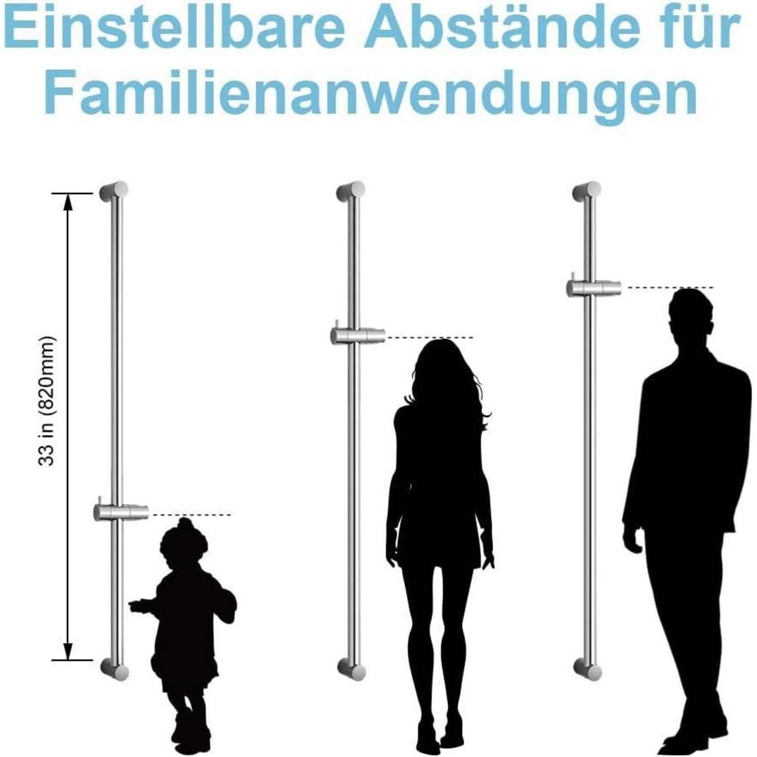 Illustration mit dem Titel 'Einstellbare Abstände für Familienanwendungen' zeigt eine verstellbare vertikale Stange mit einem Höhenbereich von 33 Zoll (820 mm) für drei Benutzergrößen: Kind, Frau und Mann.