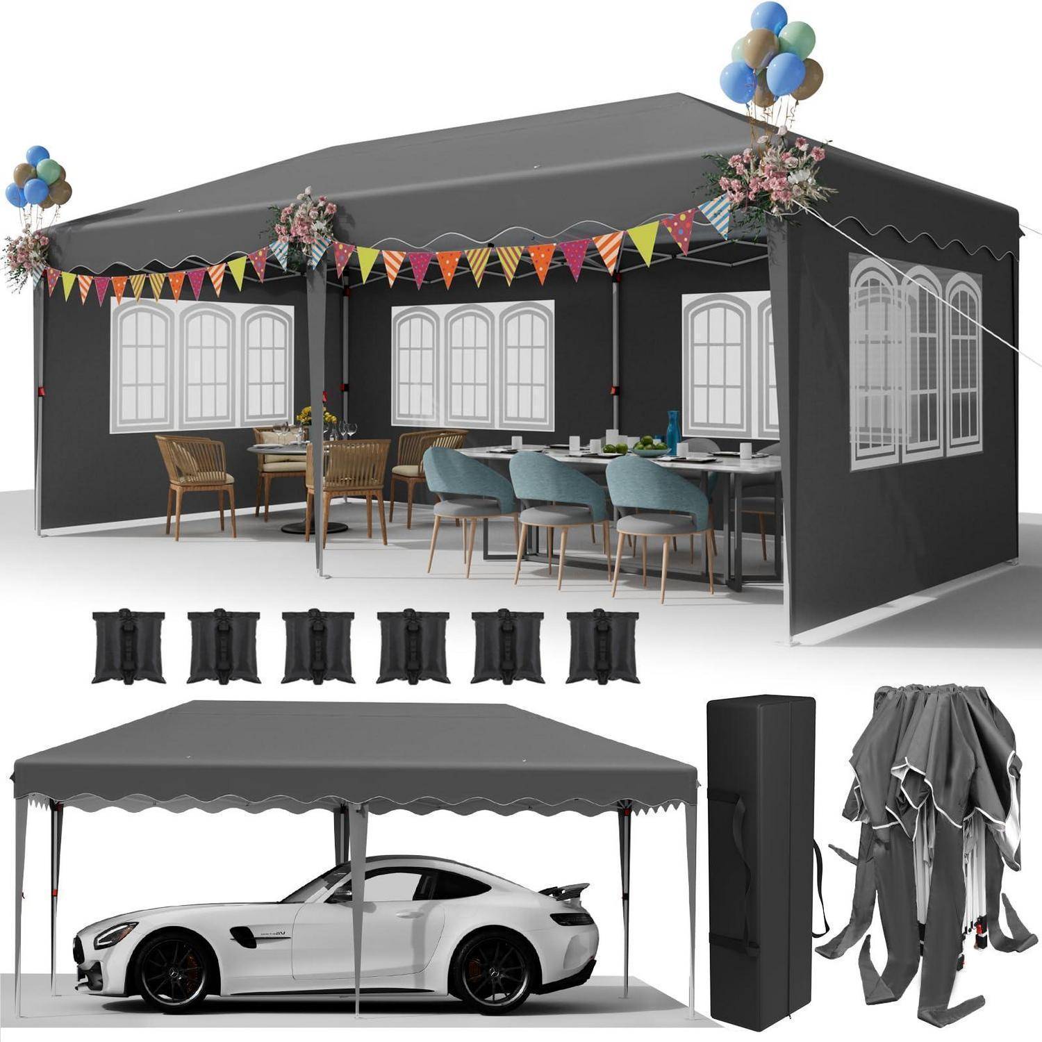 Werbebild zeigt ein schwarzes Partyzelt mit Dekoration, plus eine Carport-Version mit einem Auto, Seitenpaneele, einer Aufbewahrungstasche und gefalteten Abdeckungskomponenten.