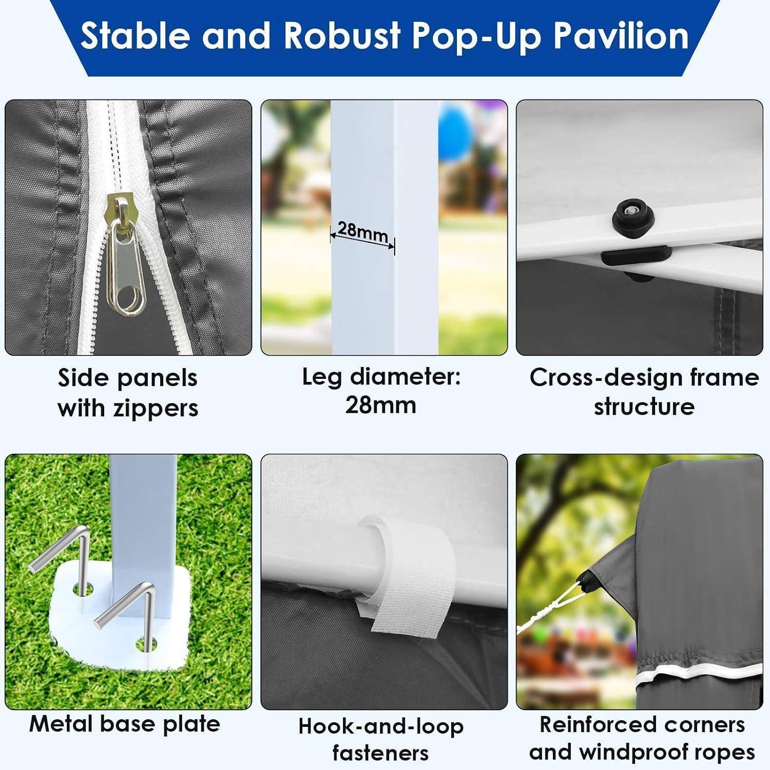 Produkt-Infografik, die einen stabilen Popup-Pavillon mit verschließbaren Seitenpanelen, 28-mm-Beinen, Kreuzrahmenstruktur, Metallbodenplatten, Klettverschlüssen und verstärkten Ecken zeigt.
