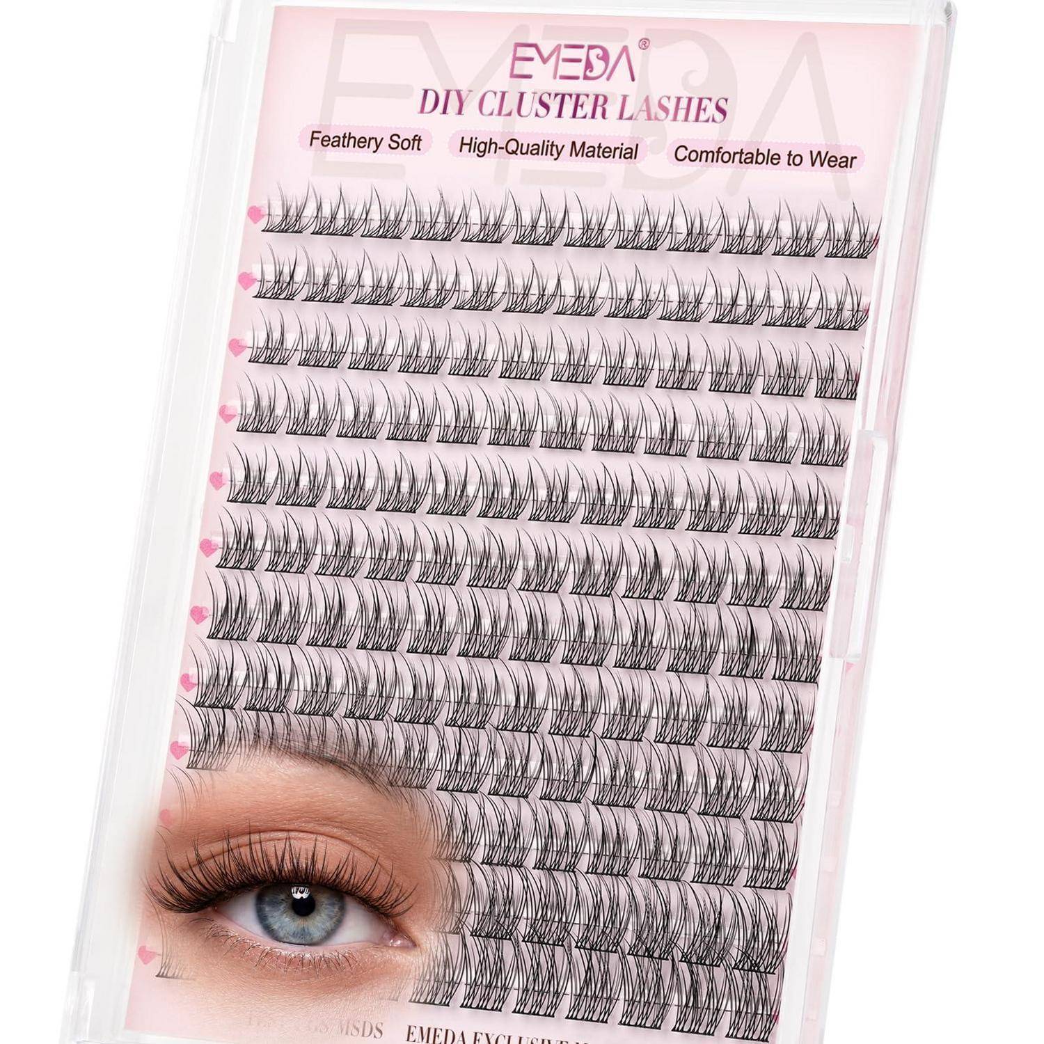 Verpackung von EMEDA DIY-Cluster-Wimpern mit mehreren Reihen von falschen Wimpernbüscheln und ein Augenbeispiel, das die aufgetragene Wirkung zeigt.