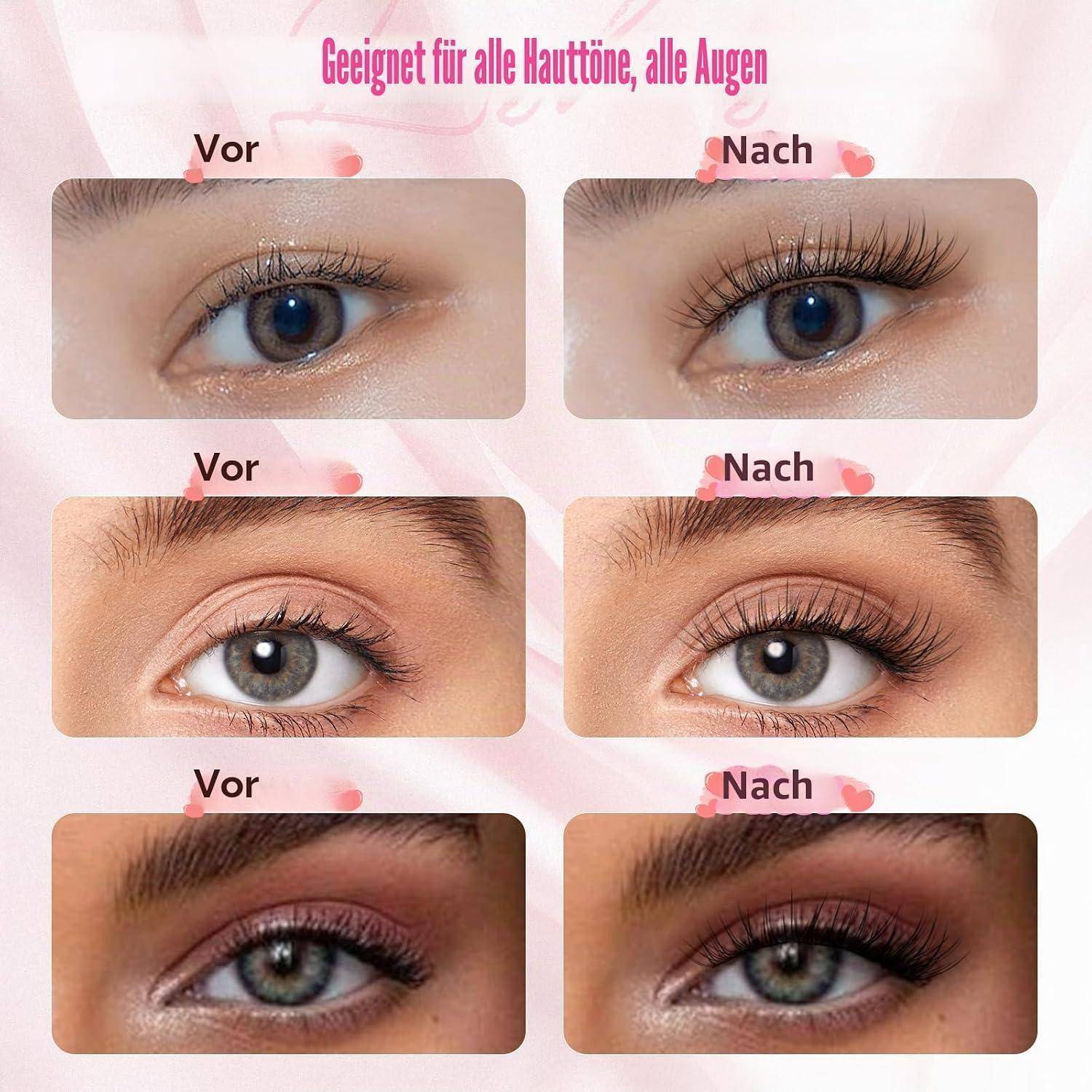 Vorher-Nachher-Collage von drei Augen mit Mascara-Ergebnissen, mit deutschen Beschriftungen „Vor