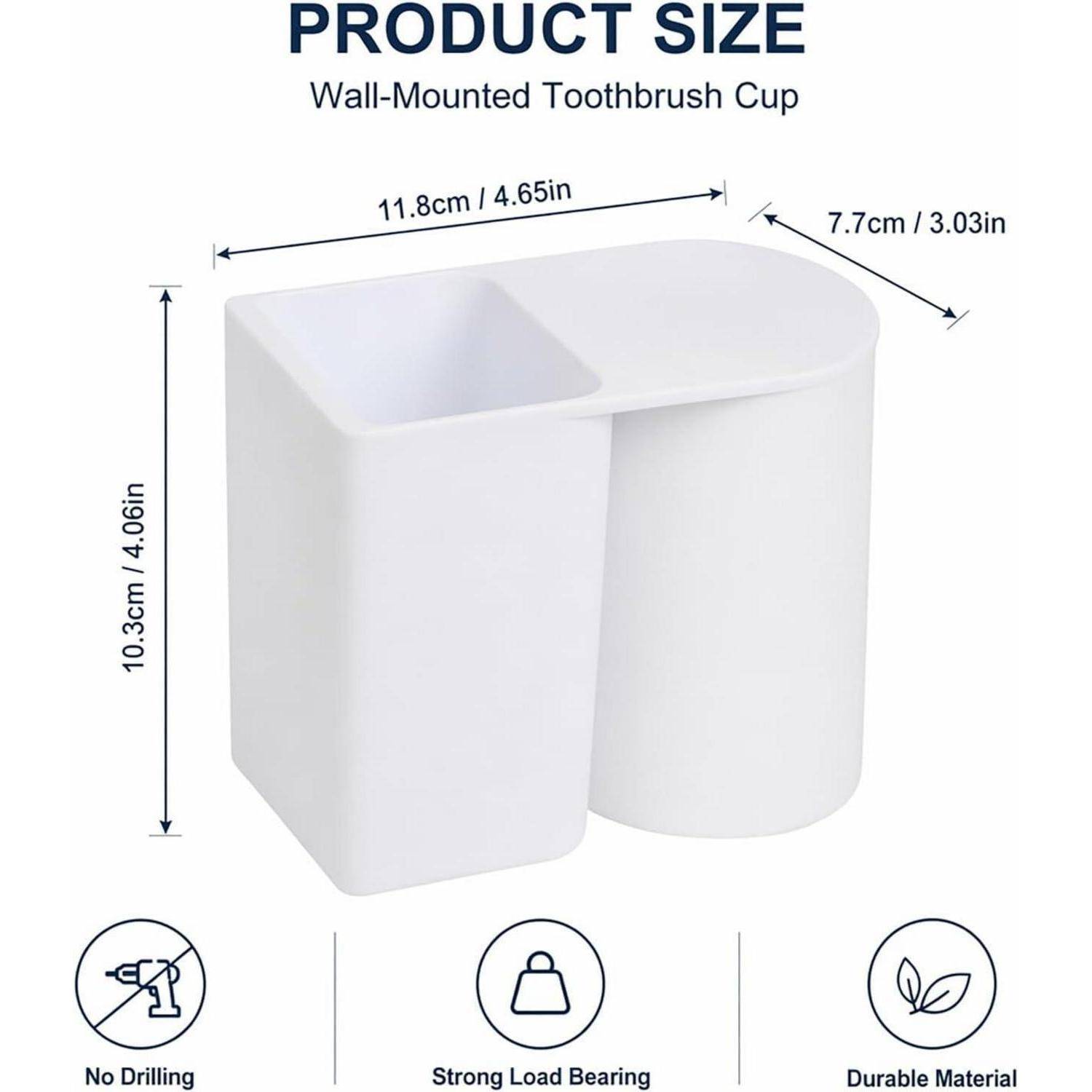 Größendiagramm für einen wandmontierten Zahnbürstenbecher: 11,8 cm breit, 7,7 cm tief, 10,3 cm hoch; keine Bohrungen erforderlich, starke Tragfähigkeit, langlebiges Material.