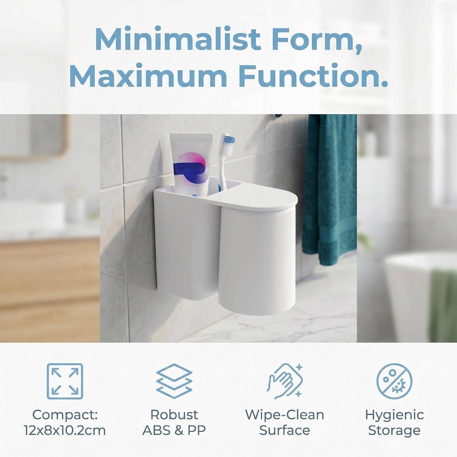 Anzeigenbild eines wandmontierten Badezimmerorganizers mit Zahnbürste und Becher, mit dem Titel „Minimalistische Form, maximale Funktionalität