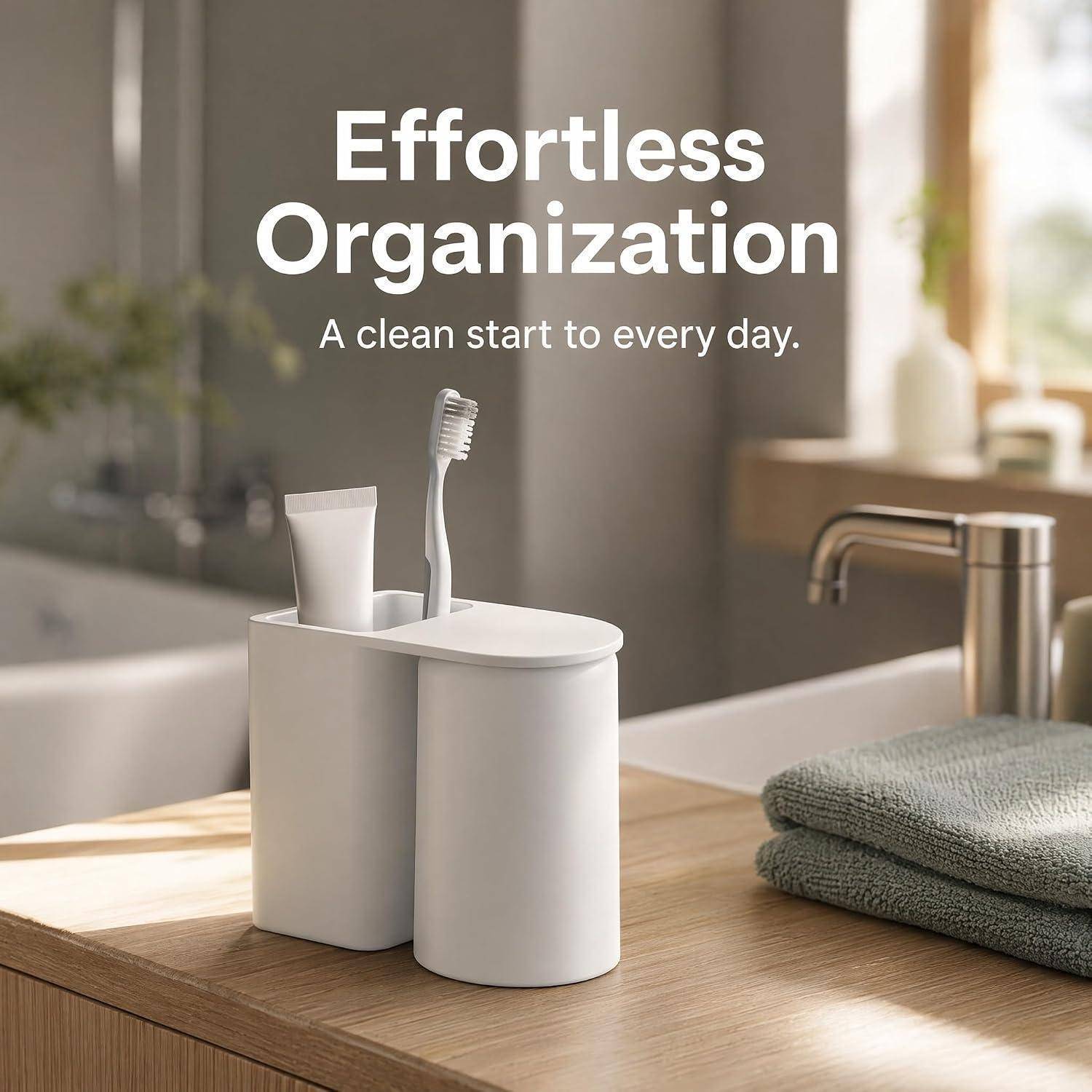 Badezimmer-Arbeitsplatte-Organizer mit Zahnbürste und Zahnpasta, mit Text „Mühelose Organisation