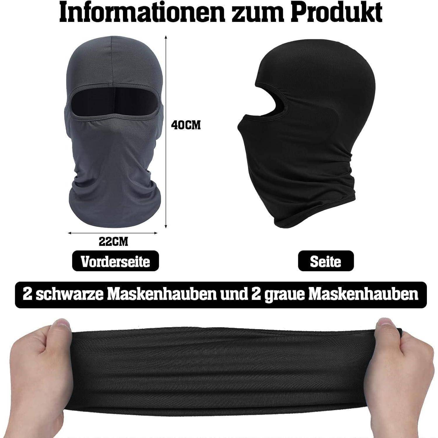 Produktinformationsbild mit einer schwarz-grauen Balaclava-Maskenhaupt, Vorder- und Seitenansicht, Größe 40 cm x 22 cm, mit einem Beispiel für die Gewebeelastizität und Text „2 schwarze Maskenhauben und 2 graue Maskenhauben