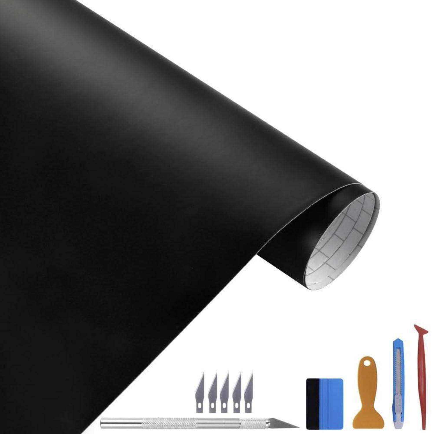 Schwarze Klebstoff-Vinyl-Folie mit Universalmesser, Klingen, Rakel und Schabern zur Installation