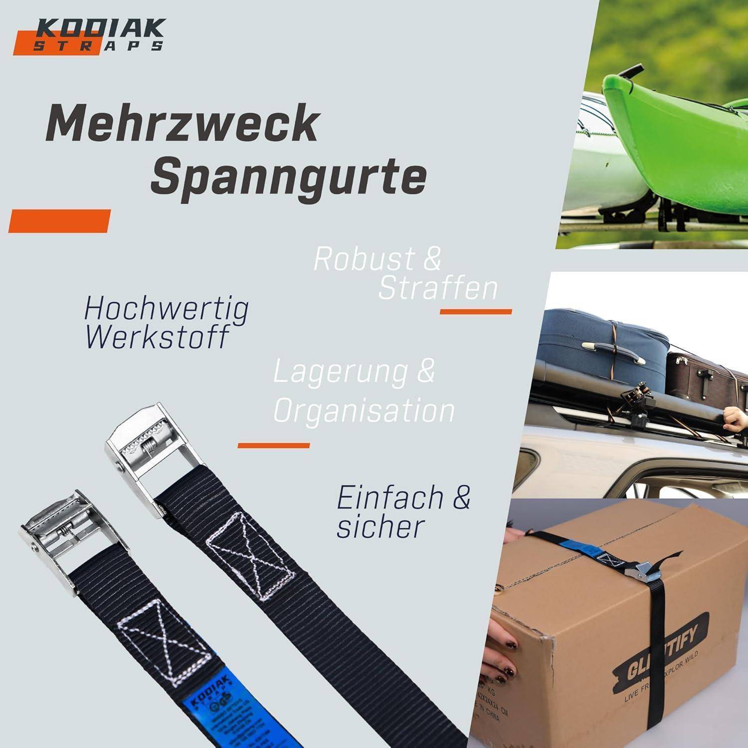 10 Stück Spanngurte 6mx 250kg mit Klemmschloss - 25mm Zurrgurte für Fahrrad - Gepäck & Transport - TÜV/GS geprüft nach DIN EN 12195-2 - KODIAK ST