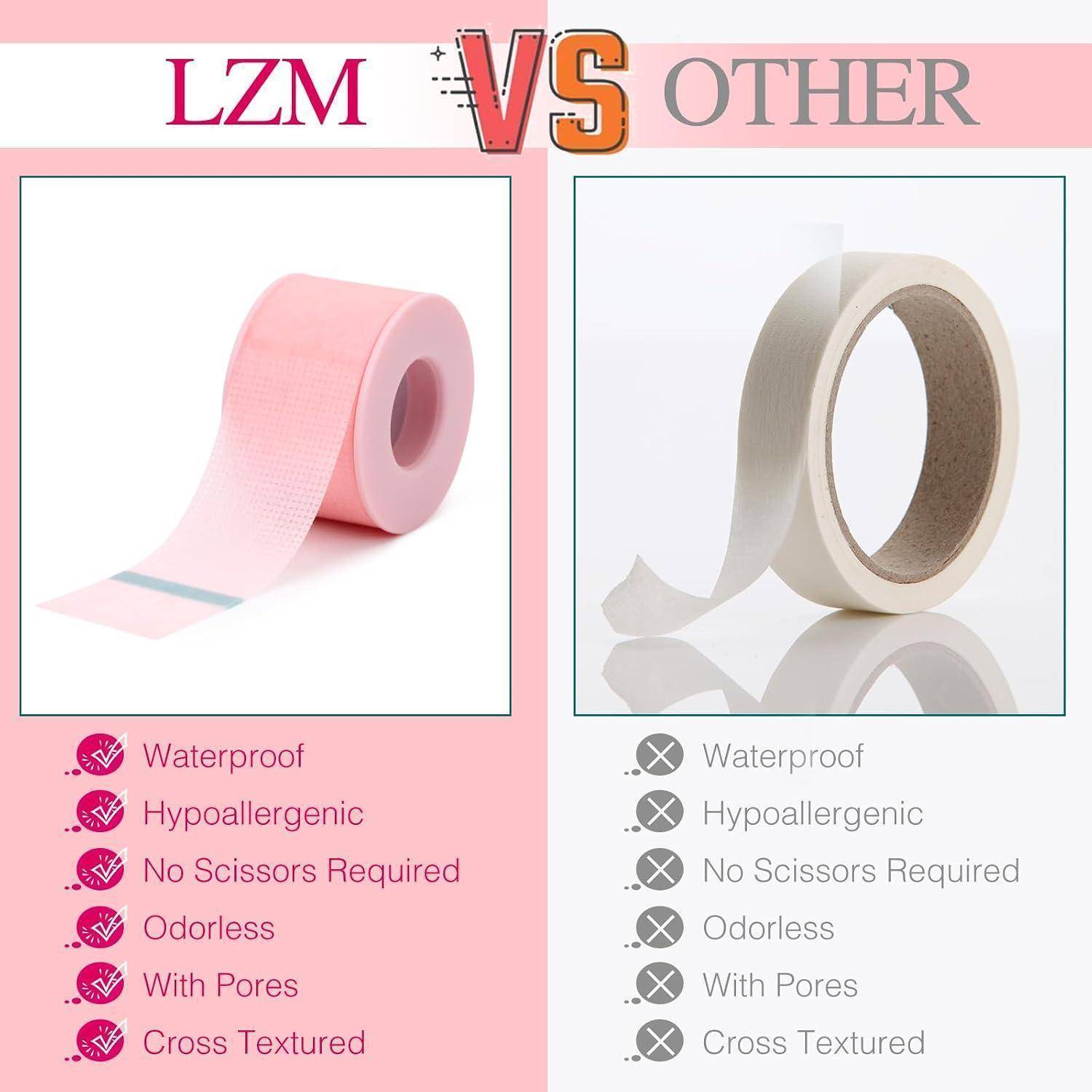 Vergleichsgrafik von LZM mit anderen Klebebändern, die das rosa LZM-Klebeband mit häkchenmaskierten Merkmalen zeigt: wasserfest, hypoallergen, keine Schere erforderlich, geruchlos, mit Poren, Kreuztextur; anderes Klebeband ist mit Xs gekennzeichnet.