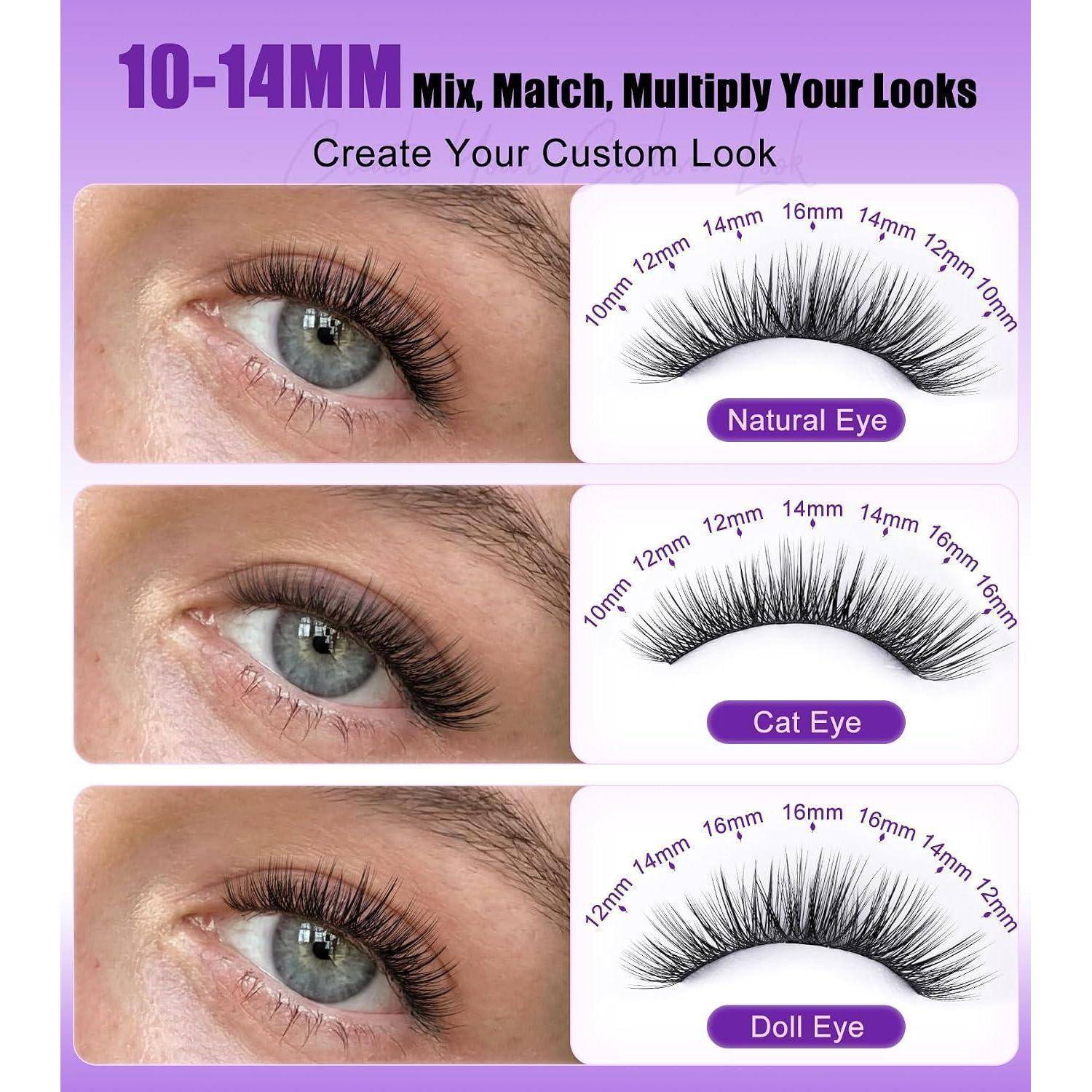 Lash-Verlängerungsstil-Anleitung mit drei Augenlooks: Natural Eye, Cat Eye und Doll Eye, mit 10–16mm Längenzuordnung für individuell anpassbares Lash-Design.