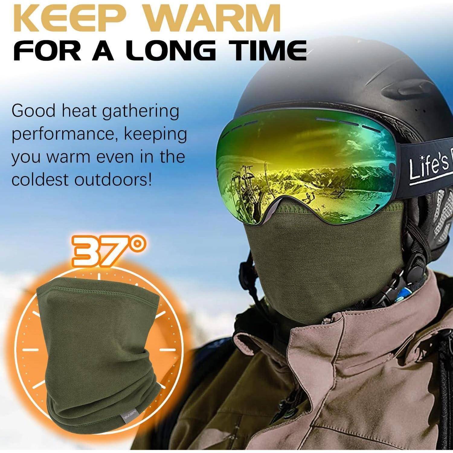 Werbebild eines Skifahrers, der eine Sturmhaube und eine Skibrille trägt, mit dem Text „LANGE WARM BLEIBEN" und „37°"", das Wärme für die Nutzung im kalten Freien bewirbt.