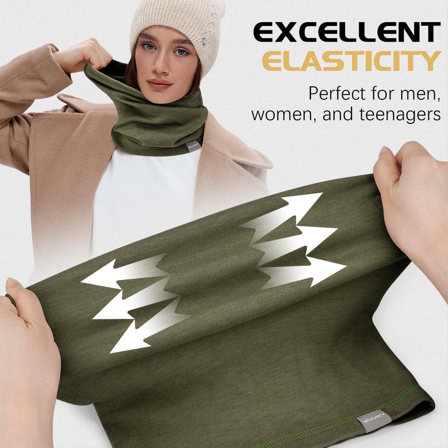 Frau, die einen olivgrünen elastischen Halstuch modelliert; Der Text lautet "AUSGEZEICHNETE ELASTIZITÄT"" und ""Perfekt für Männer, Frauen und Jugendliche."