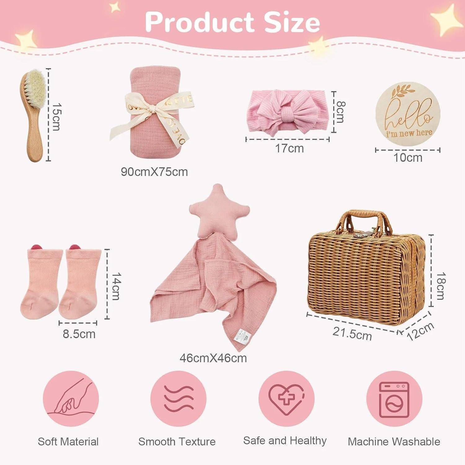 Rosa Produktgrößentabelle mit einer Bürste, einem Wickeltuch, einem Stirnband, einem runden „Hallo