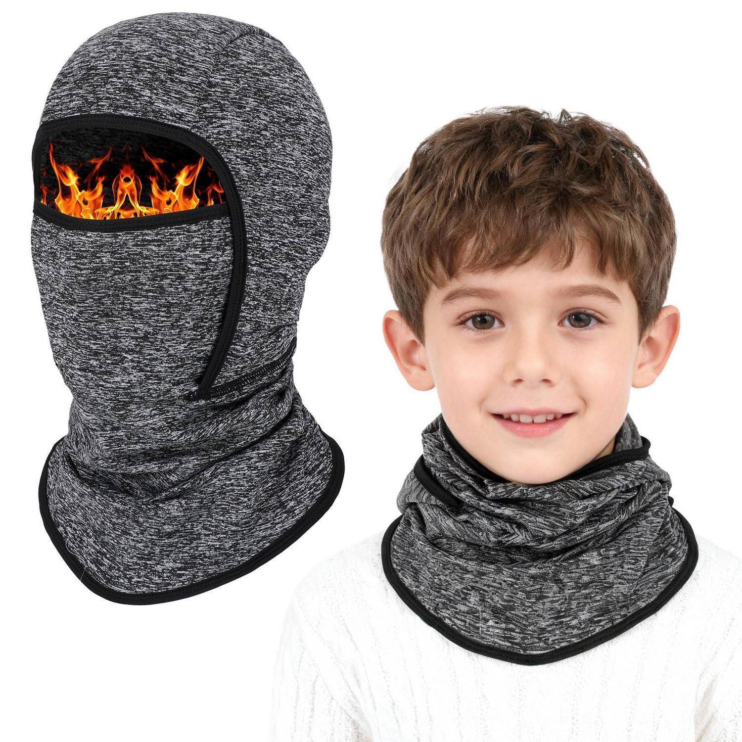 Grau feuerfeste Sturmmaske, dargestellt an einem Kindergmodell, mit einer Feuergrafik über der Augenöffnung, die winterliche Gesichts- und Nackenkabdeckung demonstriert.