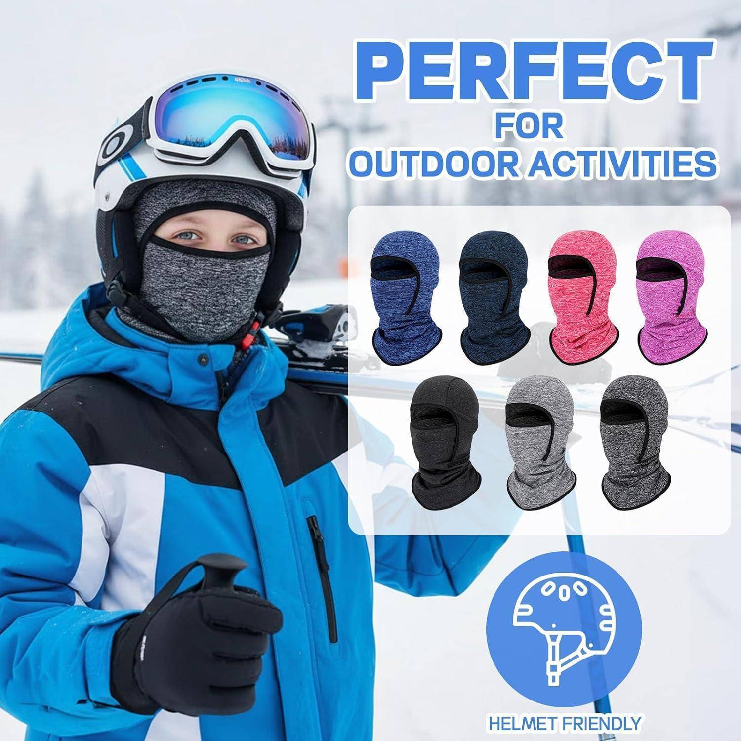 Person in Skiausrüstung trägt einen helmfreundlichen Sturmhaube; die Anzeige sagt „PERFEKT FÜR OUTDOOR-AKTIVITÄTEN