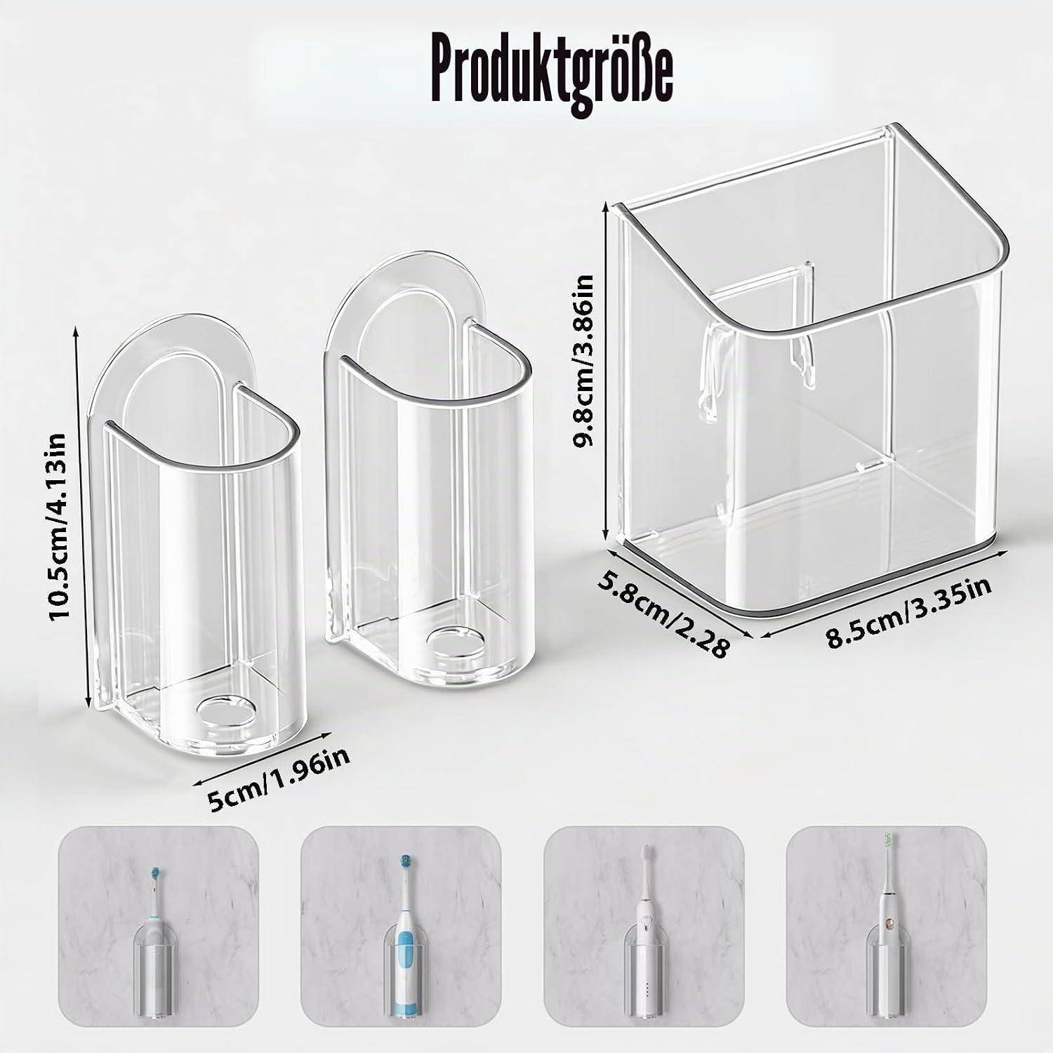 Produktgrößendiagramm, das einen durchsichtigen Badezimmerorganizer und drei Zahnbursthalter mit beschrifteten Abmessungen zeigt: Organizer 9,8 x 5,8 x 8,5 cm, Halter 10,5 x 5 cm und 9,8 x 5 cm.