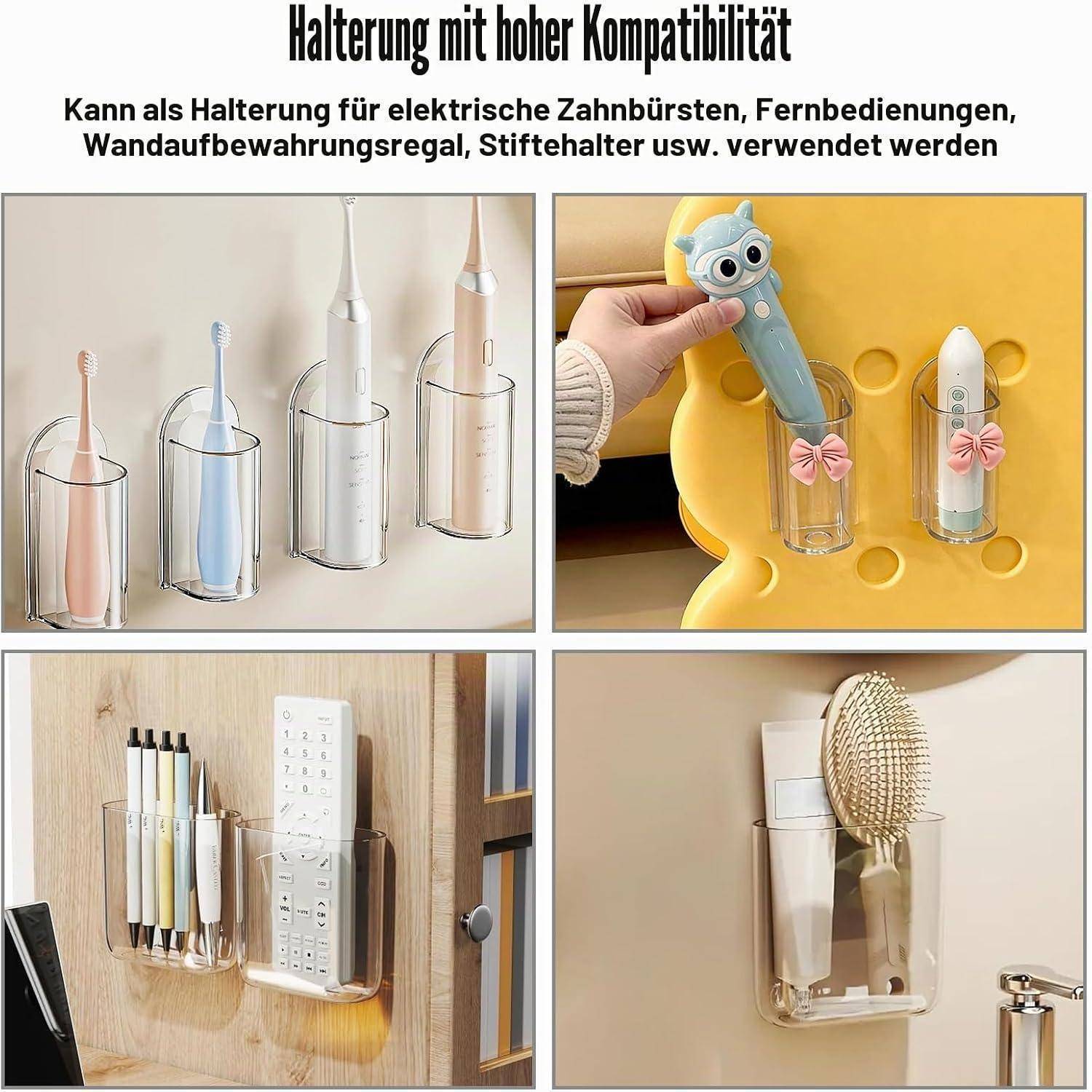 Collage zeigt transparente wandmontierte Halter für Elektrozahnbürsten, Fernbedienungen und Stifte, die hohe Kompatibilität in der Heimnutzung demonstrieren.