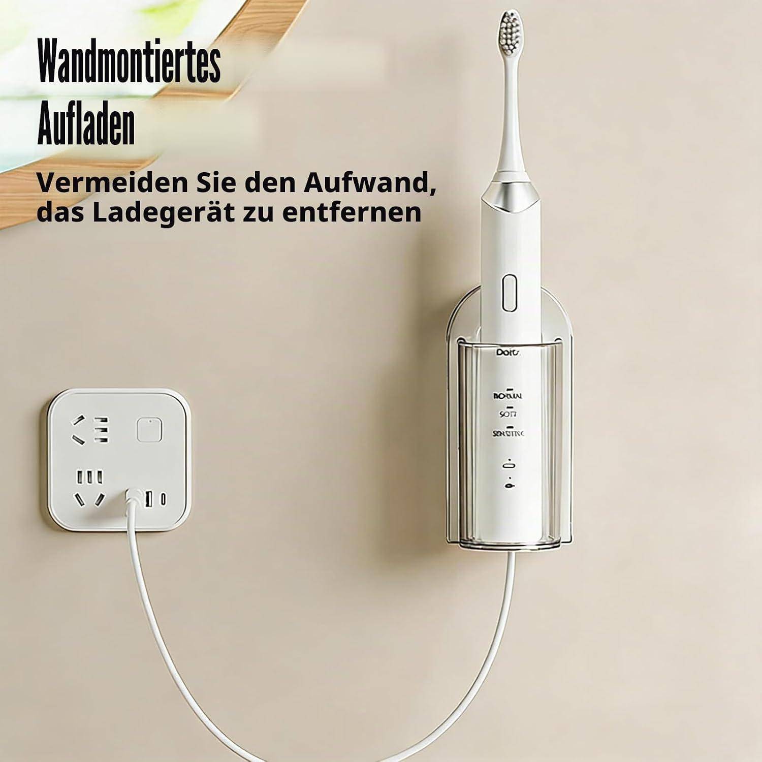 Elektrische Zahnbürste in einem an der Wand montierten Ladegerät mit Kabel, daneben wird deutscher Text angezeigt, der das praktische Laden an der Wand bewirbt.