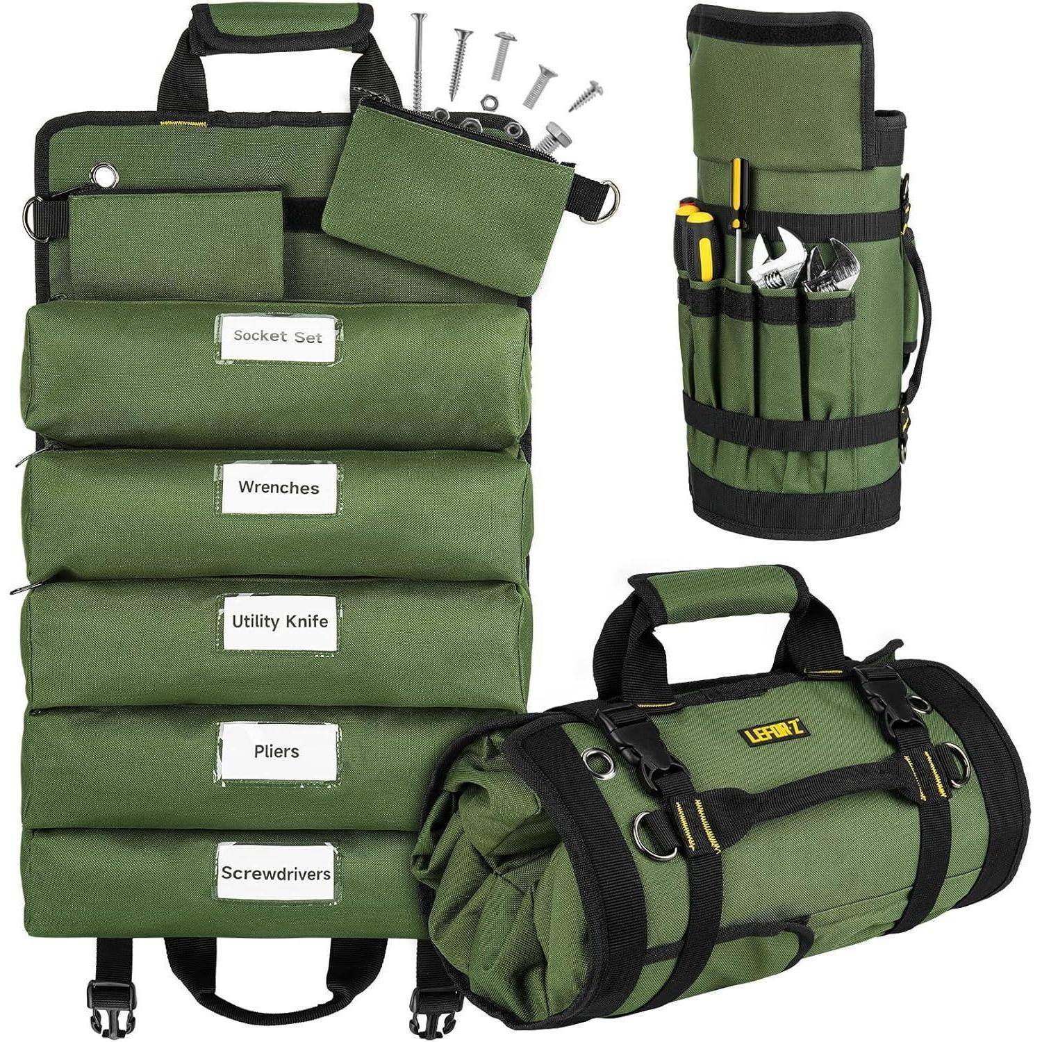 Grüne Mehrtaschen-Werkzeugtaschen und Organizer-Rollen mit beschrifteten Fächern für Steckschlüsselsatz, Schraubenschlüssel, Universalmesser, Zangen und Schraubendreher.