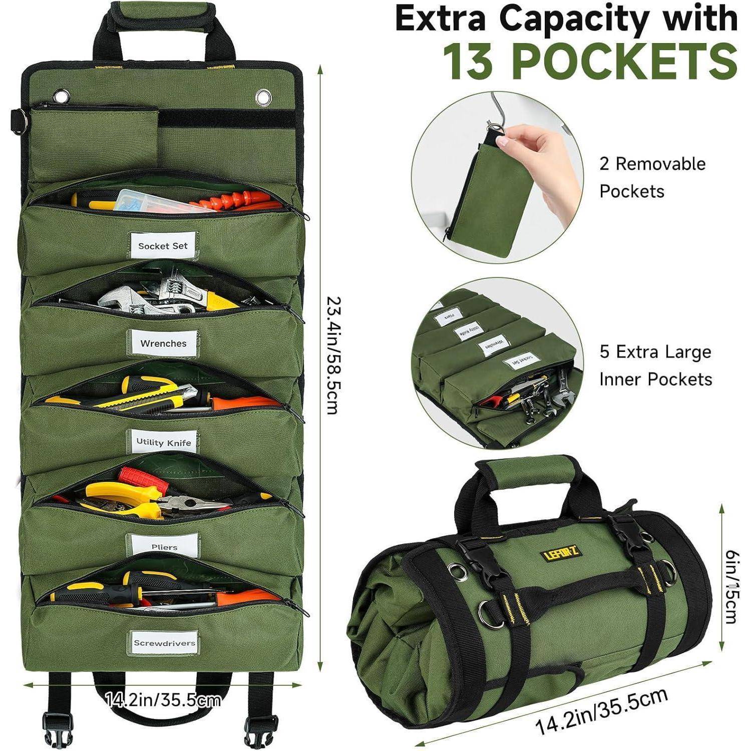 Grüne rollende Werkzeugtasche mit 13 Taschen, aufgeklappt mit Werkzeugen und geschlossen als Reisetasche dargestellt; Abmessungen 23,4 x 14,2 x 6,1 Zoll.