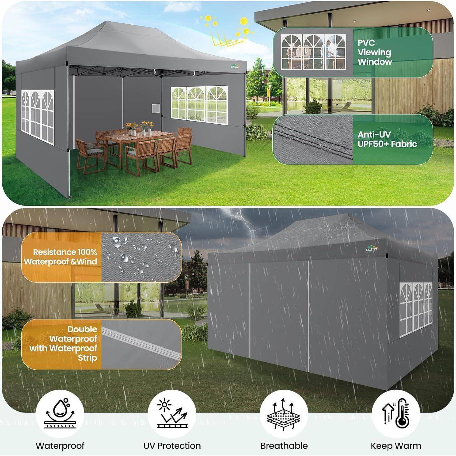 Graues Outdoor-Pavillon-Zelt mit Essgruppe; Beschriftungen heben PVC-Sichtfenster, UV-beständigen Stoff mit UPF50+, 100% Wasserdichtheit und Windbeständigkeit, doppelte Wasserdichtungsleiste und Wetterschutz-Symbole hervor.