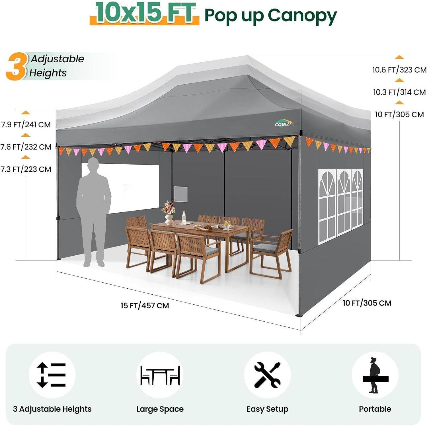 Illustration eines 3 m x 4,5 m großen Popup-Pavillons mit 3 verstellbaren Höhen, der ein überdachtes Essbereich im Freien zeigt und Funktionssymbole für großen Platz, einfachen Aufbau und Tragbarkeit aufweist.