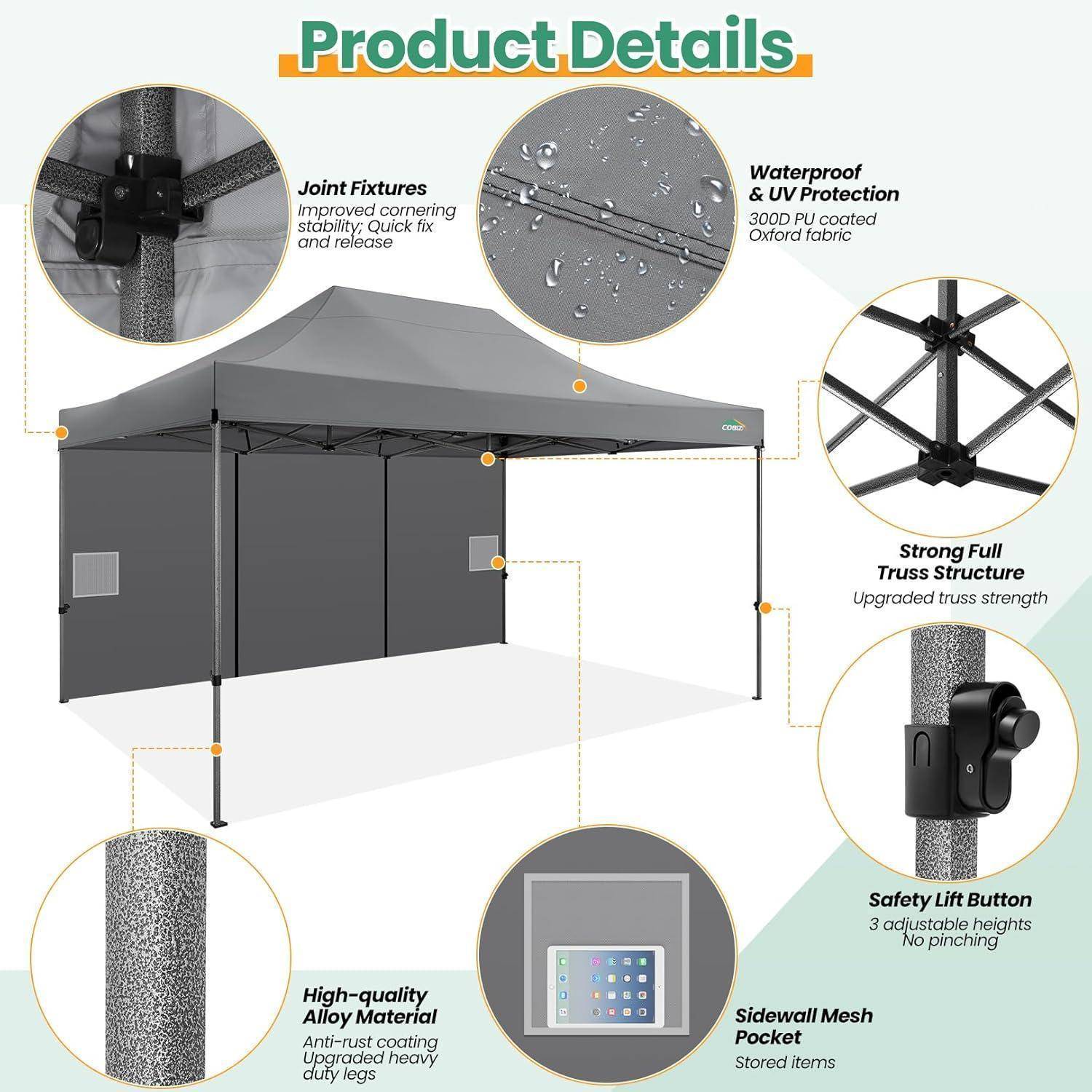Produktdetails-Diagramm eines grauen Pop-up-Baldachins mit Legenden, die Gelenkverbindungen, UV-geschütztes wasserdichtes Gewebe, starke Fachwerkstruktur, Sicherheitshublattung, Seitenwand-Mesh-Tasche und Legierungsmaterial hervorheben.