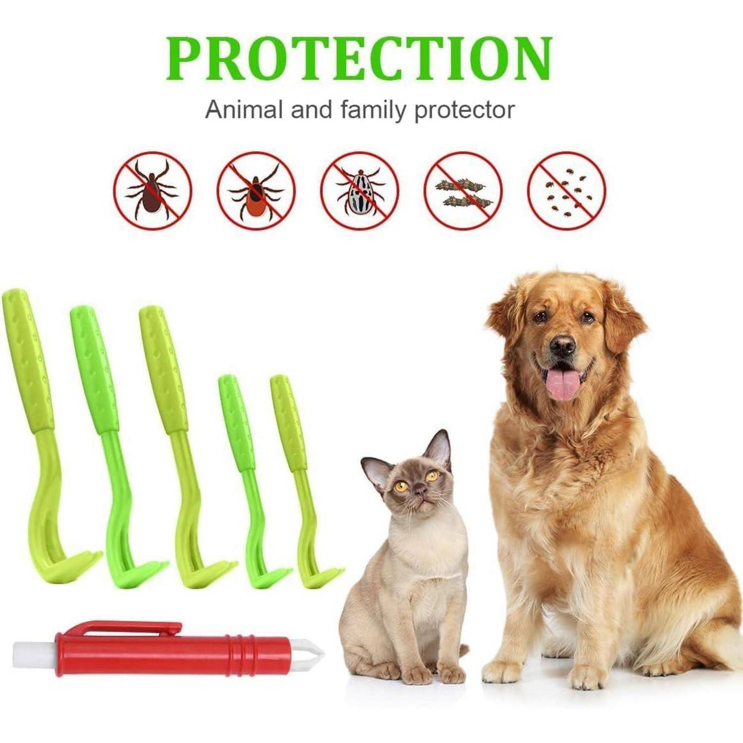 Haustier-Schutzprodukt-Bild, das einen Hund und eine Katze neben grünen abnehmbaren Pestschutzhaken, roten Applikator und Symbolen für Insekten und Schädlinge unter dem Titel 