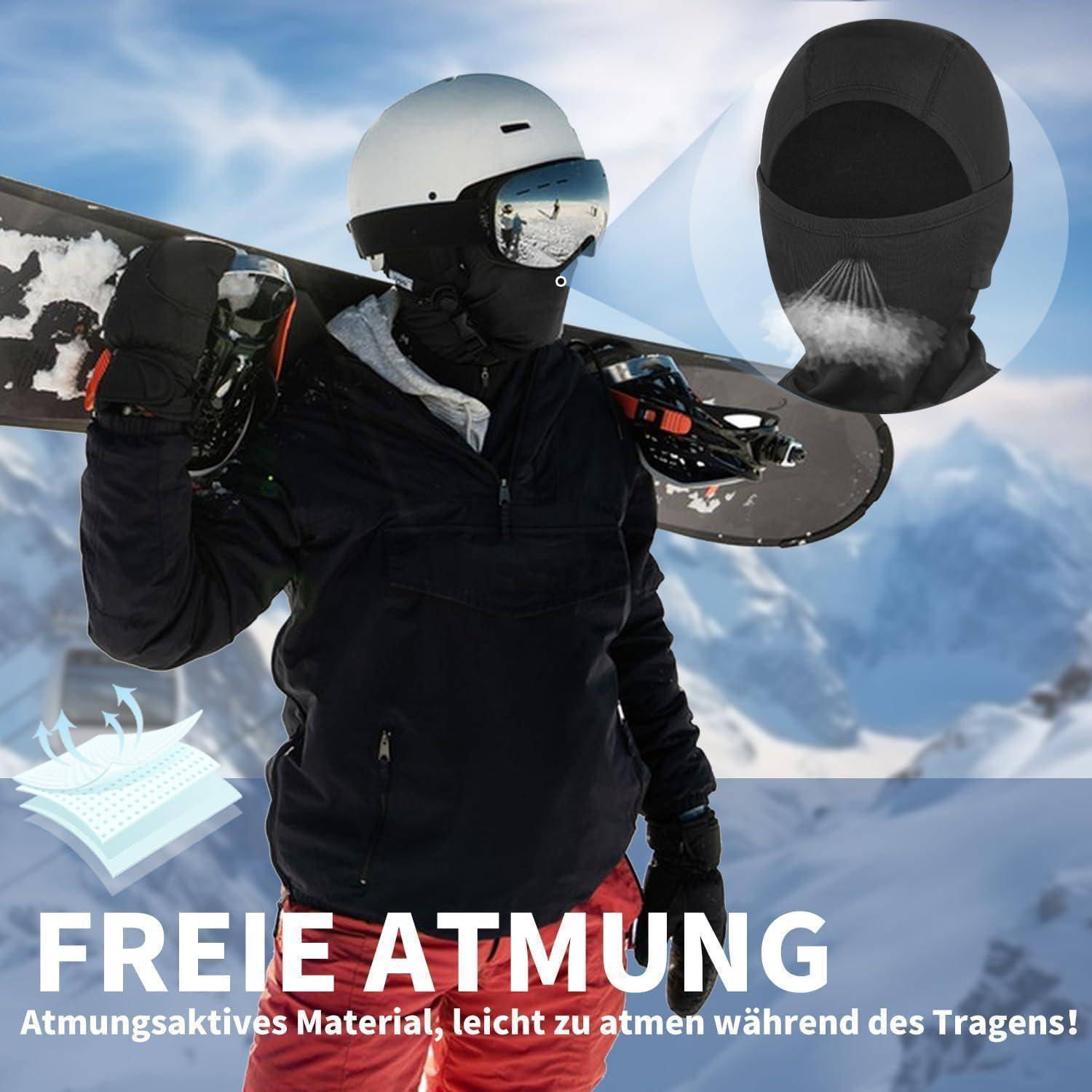 Snowboarder in schwarzer Ausrüstung und weißem Helm trägt ein Snowboard; eine Vergrößerung zeigt eine atmungsaktive Gesichtsmaske. Der Text lautet „FREIE ATMUNG