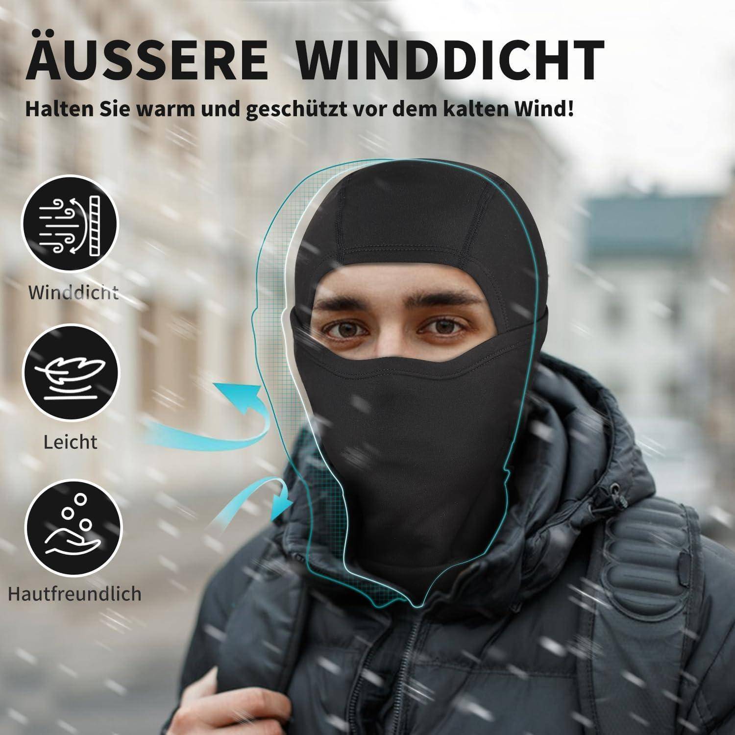 Wintermütze auf einem Modell mit deutschem Text „AUSSERE WINDDICHT