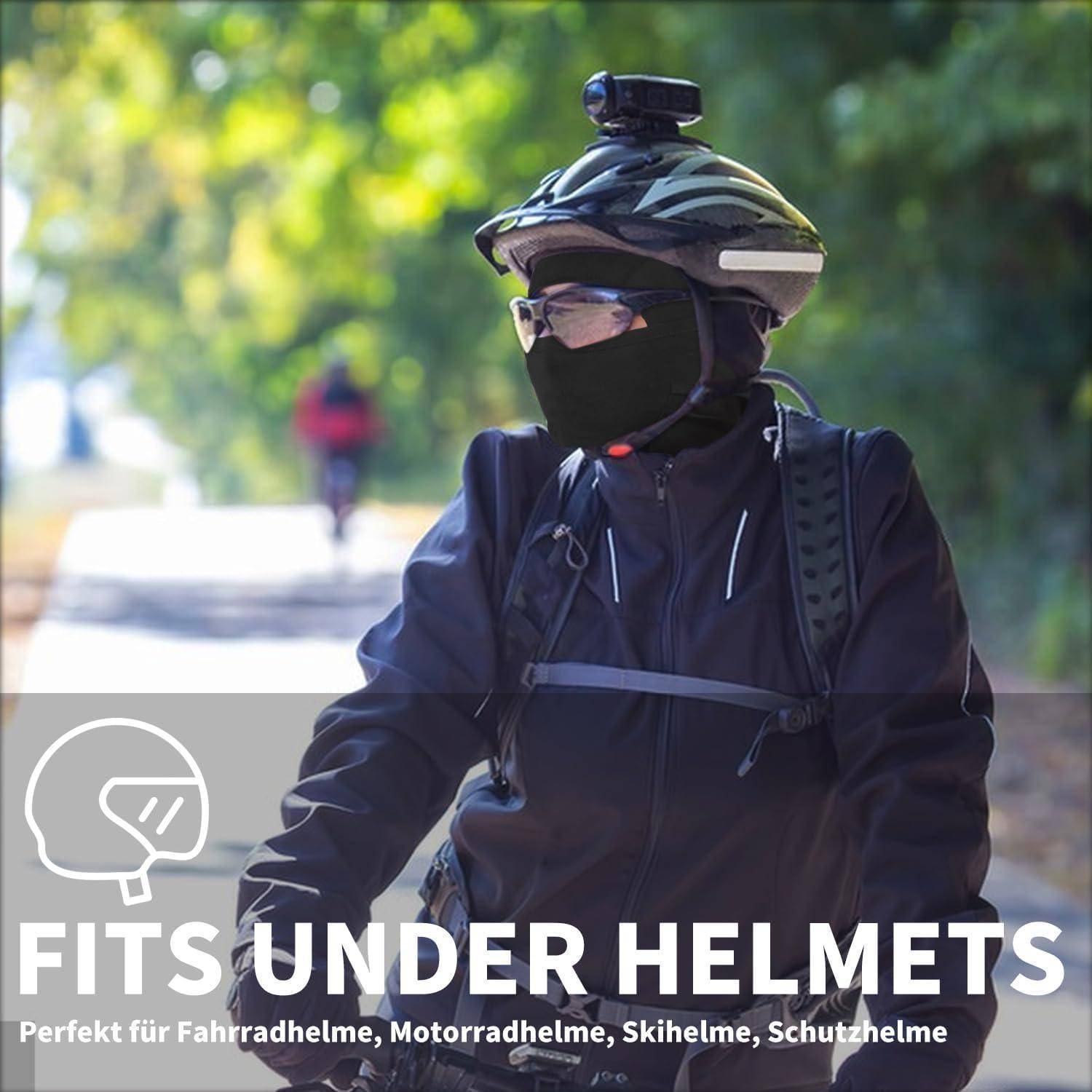 Person mit einem Fahrradhelm, der eine Brille und eine Gesichtsmaske trägt, mit dem Text „PASST UNTER HELMEN