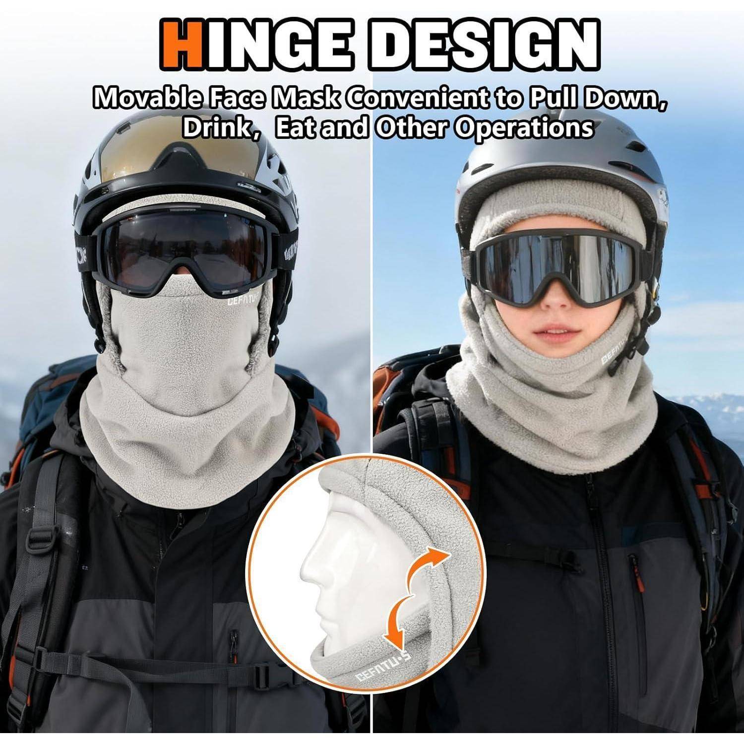Werbebild eines Wanderers mit Helm, Skibrille und einer umklappbaren Gesichtsmaske/einem Schal, gezeigt vorher und nachher beim Herunterziehen zum Trinken oder Essen.