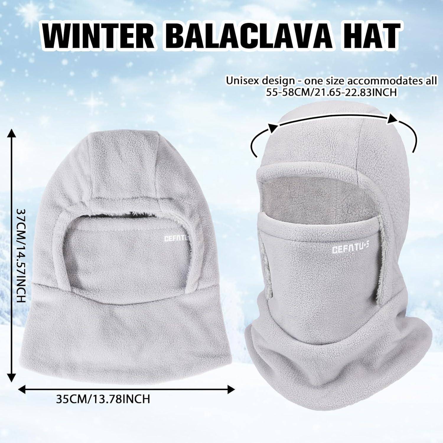 Wintermütze Sturmhaube, von vorne gezeigt und getragen; Unisex-Einheitsgröße, 55-58 cm, misst 37 cm hoch und 35 cm breit.