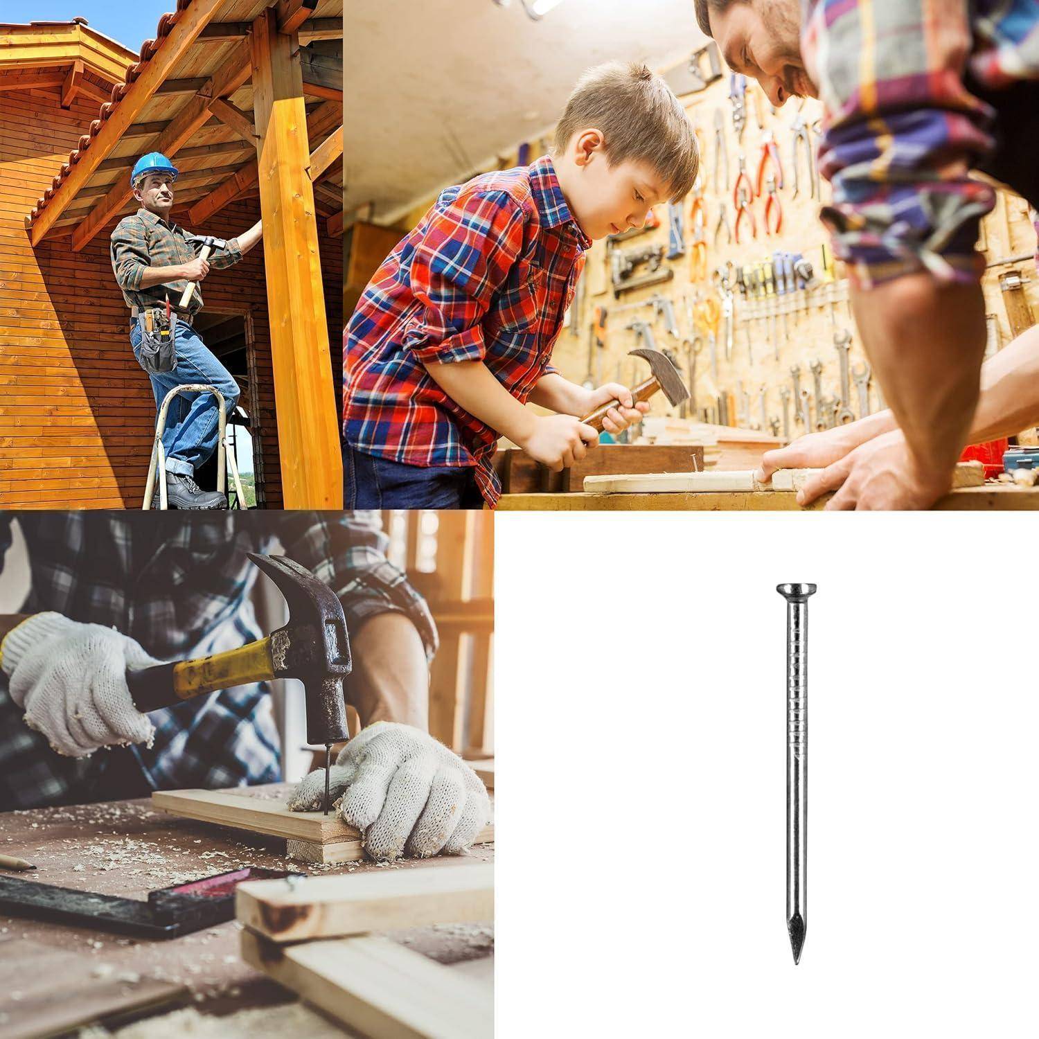 Collage mit Holzbearbeitung und Konstruktion: Ein Arbeiter auf einer Leiter, ein Junge in einer Werkstatt, eine Hand, die Holz hämmert, und ein einzelner Nagel auf weißem Hintergrund.