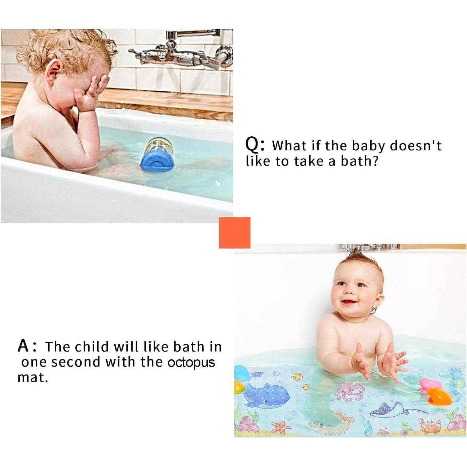 Vorher-und-Nachher-Badezimmeranzeige: Ein weinendes Kind wehrt sich gegen das Bad, dann sitzt ein lächelndes Baby in der Wanne mit einer Tintenfisch-Badematte; der Text besagt, dass die Matte das Baden in einer Sekunde beliebt macht.