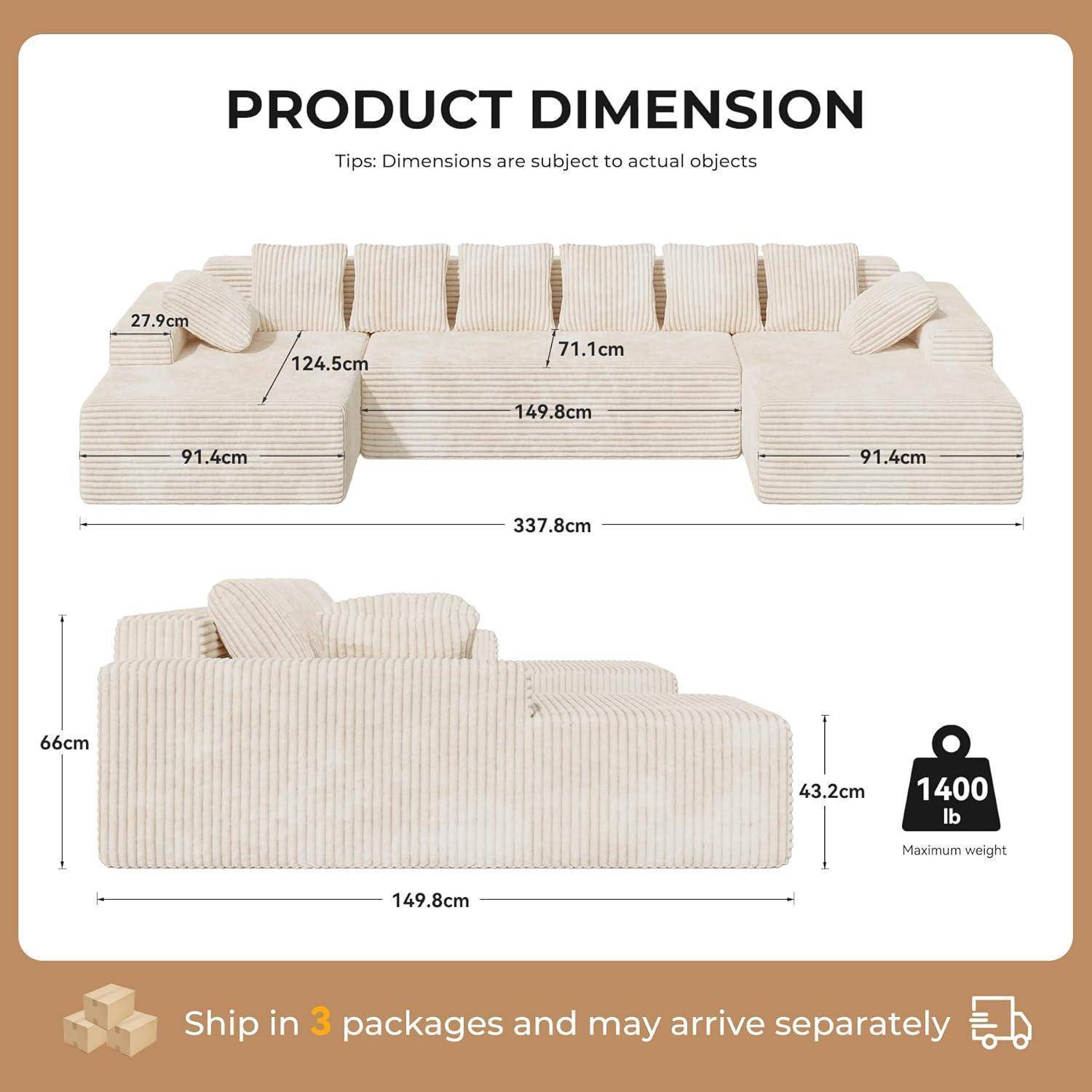 Produktmaßstab-Diagramm eines modularen beigen Sofas mit Draufsicht und Seitenansicht mit Abmessungen: 337,8 cm breit, 149,8 cm tief, 66 cm hoch, maximales Gewicht 1400 lb; wird in 3 Paketen versendet.