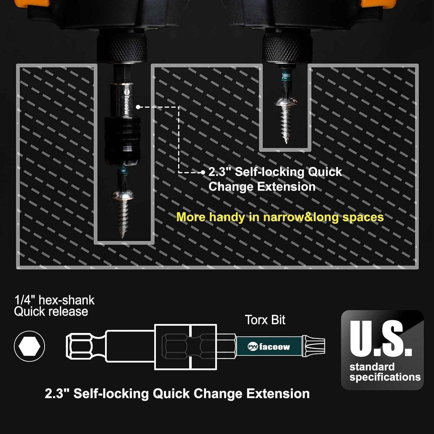 Produktgrafik zeigt eine 2,3-Zoll-Selbstsperr-Schnellwechsel-Verlängerung für einen Torx-Bit mit U.S.-Standard-Spezifikationen und 1/4-Zoll-Sechskant-Schnellauslöser.