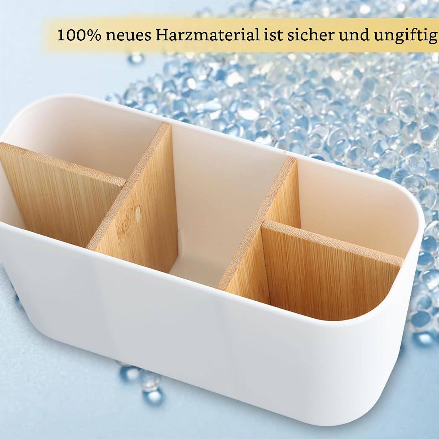 Weißer rechteckiger Bamboo-Schreibtischorganizer mit drei Fächern auf blauem Perlen-Hintergrund; Text sagt '100% neues Harzmaterial ist sicher und ungiftig'.