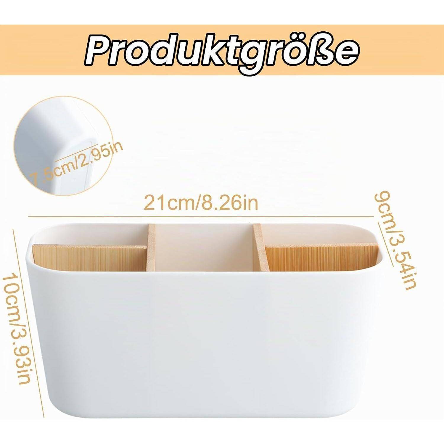Produktgrößendiagramm mit einer weißen Organizer-Box, 21 cm breit, 10 cm hoch und 9 cm tief, mit einer kreisförmigen Detaildarstellung mit der Bezeichnung 9 cm/2,95 Zoll.