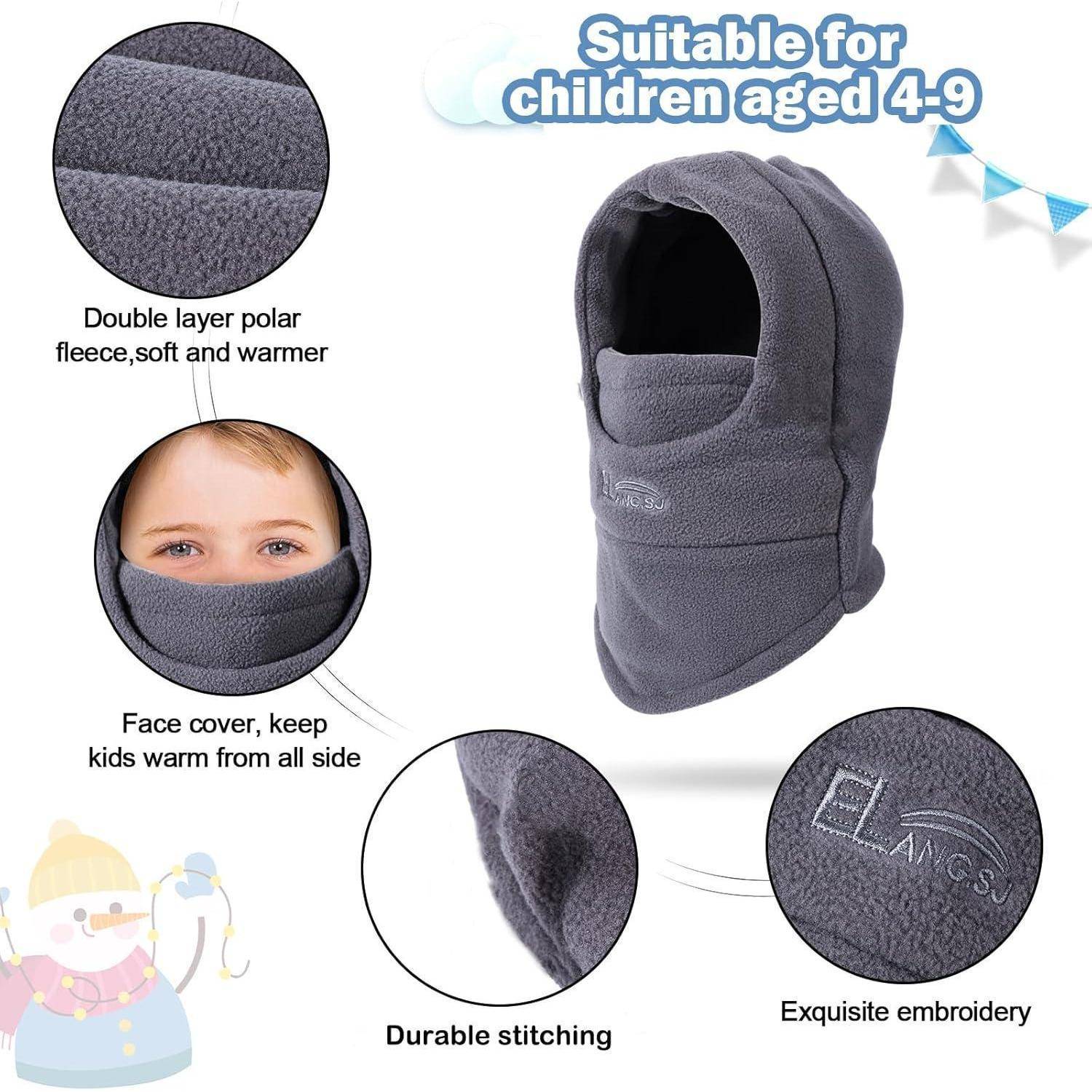 Graue Kinder-Winter-Sturmhaube, gekennzeichnet als geeignet für Kinder im Alter von 4-9 Jahren, dargestellt mit Nahaufnahmen, die doppellagiges Fleece, Gesichtsbedeckung, Nähte und Stickerei hervorheben.
