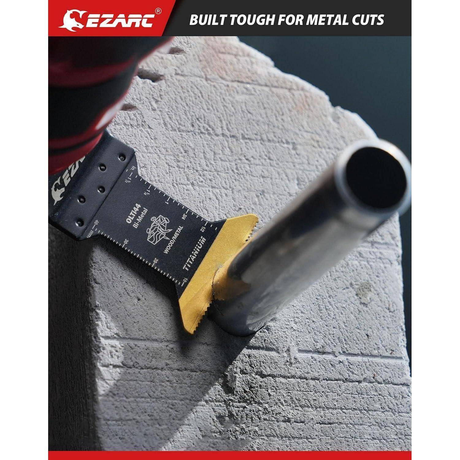 EZARC Metallschneidblatt schneidet ein Rohr durch eine Ziegelmauer durch, mit dem Text „ROBUST GEBAUT FÜR METALLSCHNITTE