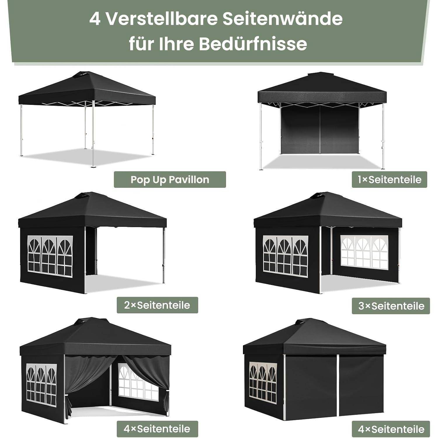 Grafik zeigt ein Pop-up-Pavillon mit 0, 1, 2, 3 oder 4 Seitenwänden; deutscher Titel besagt „4 Verstellbare Seitenwände für Ihre Bedürfnisse" (4 verstellbare Seitenwände für Ihre Bedürfnisse).