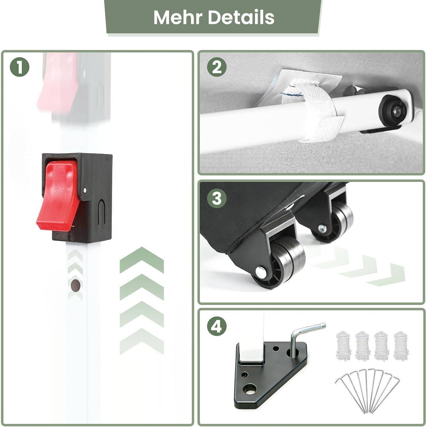 Anleitungsgrafik mit dem Titel „Mehr Details" zeigt ein ausfahrbares Stangensystem: roter Verriegelungsclip, Rollen, Befestigungshalterung mit Schrauben und Stiften.