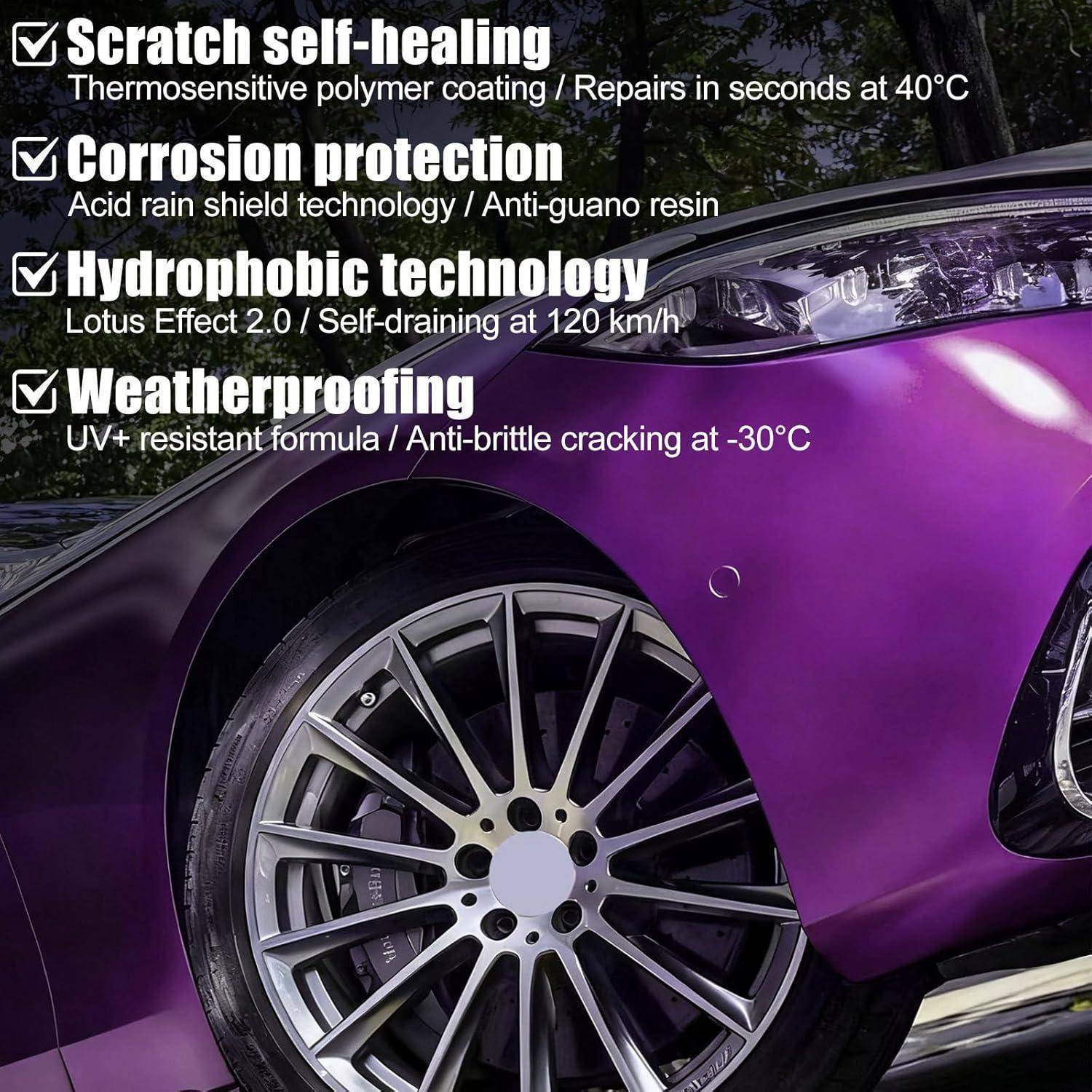 Violettes Auto-Frontquartier mit Text, das folgende Merkmale auflistet: Selbstheilende Kratzer, Korrosionsschutz, hydrophobe Technologie und Witterungsbeständigkeit.