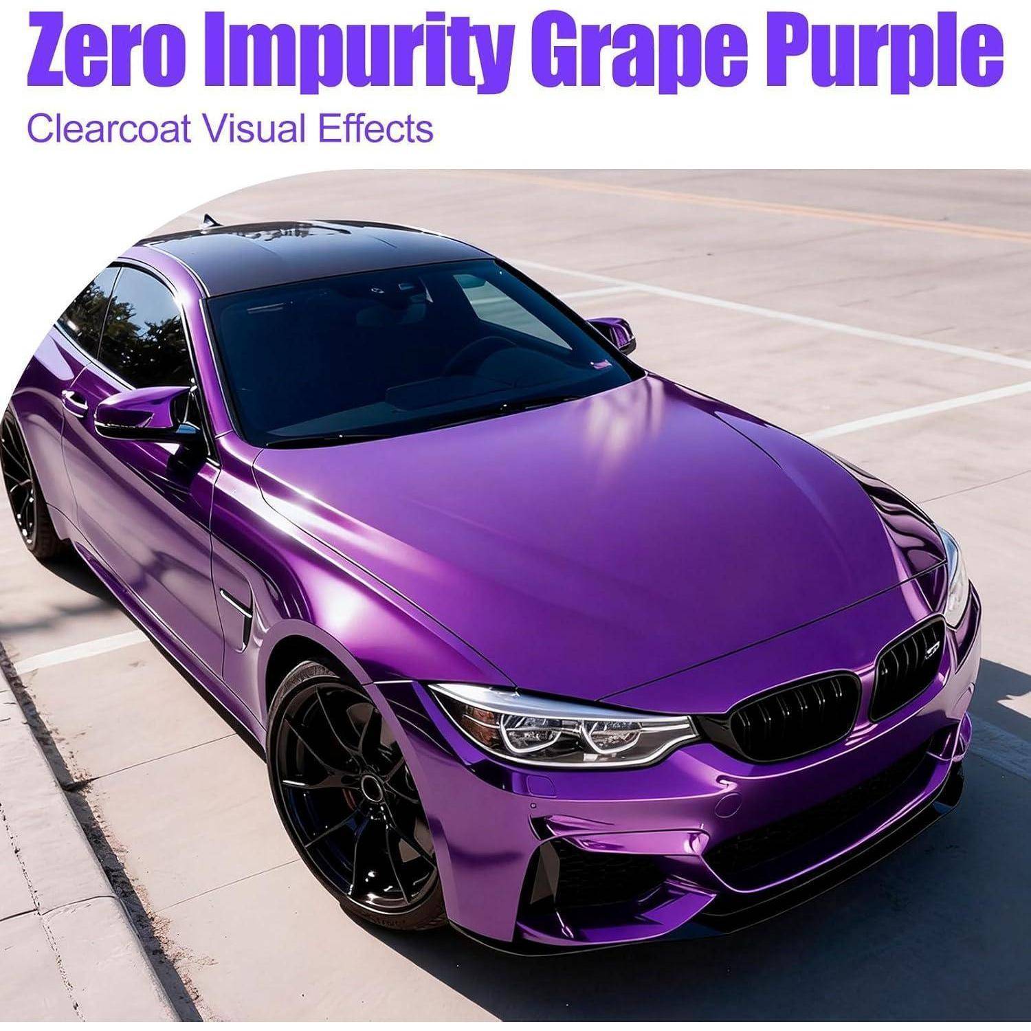 Violetter BMW Coupé mit glänzender traubenlila Folie; Text liest „Zero Impurity Grape Purple