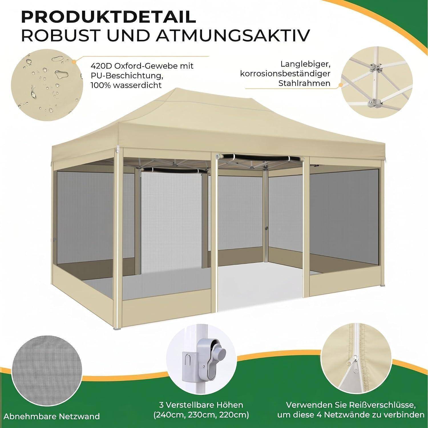 Produktdetailgrafik eines beigen Popup-Gazeboszelts mit Meshwänden, beschriftet mit „Robust und atmungsaktiv"; hebt wasserdichtes Oxford-Gewebe, rostbeständiges Stahlgestell, abnehmbare Netzwand, verstellbare Höhen und Reißverschlussverbindungen hervor.
